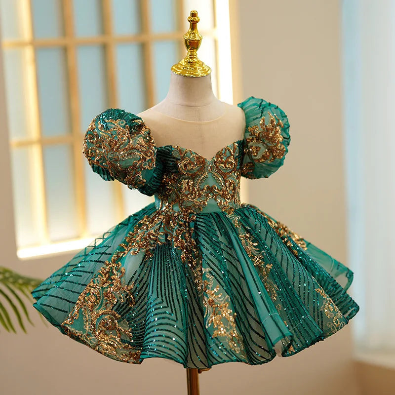 Kids Clothing Baby Girls Dress Solid Color Green 2023 Autumn New Princess Cute Fashion Performance Costume Pleated A-line