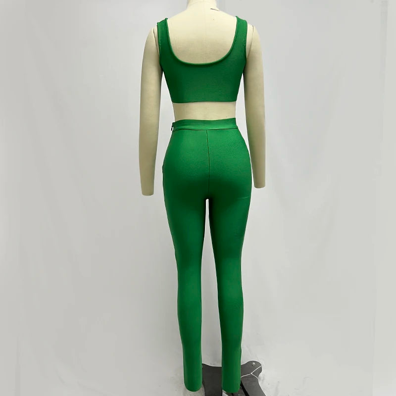 Factory Wholesale women's Wear Green V-Neck Bandage Top&trousers Elastic Skinny Sexy Two Piece Set Celebrity Party Sets