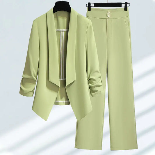 Women Spring  Green Blazer Pants Two Pieces Sets Clothing