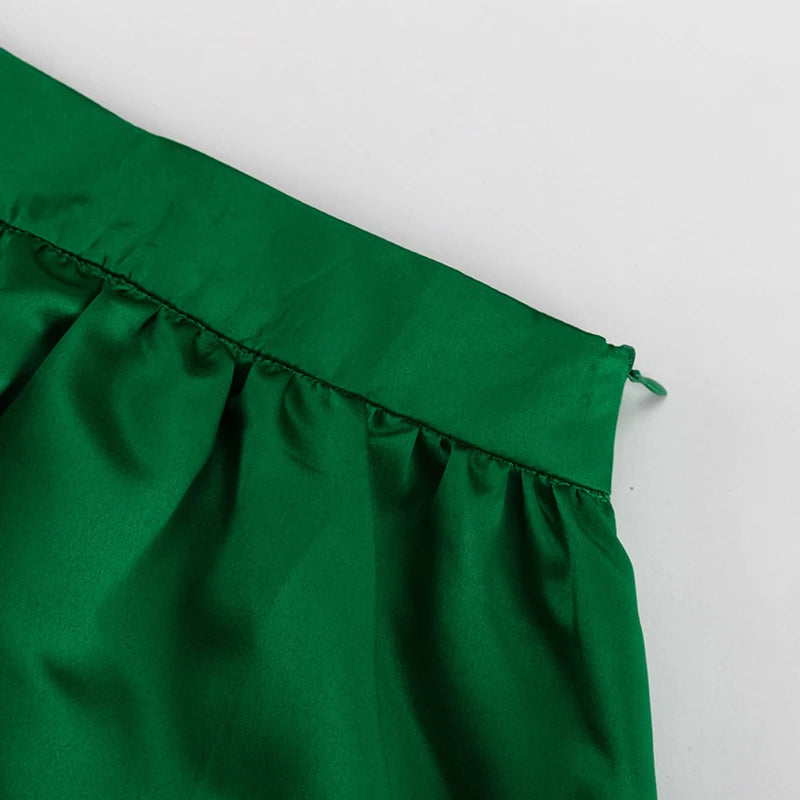 Retro Fashion Satin Effect Green High Waist Loose Half Skirt Women's Summer Simple Versatile A-line Large Swing Umbrella Skirts