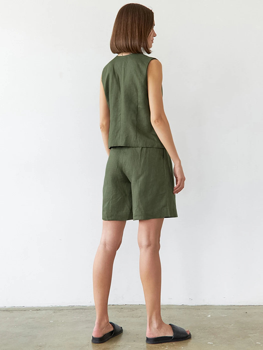 Jyate Street Style Green Shorts Suits Cotton Linen Two Pieces Vest Top Shorts Casual 2 Pcs Sets 2023 Office Ladies Shorts Outfit