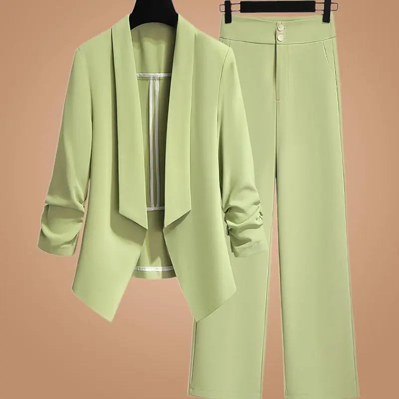 Women Spring  Green Blazer Pants Two Pieces Sets Clothing