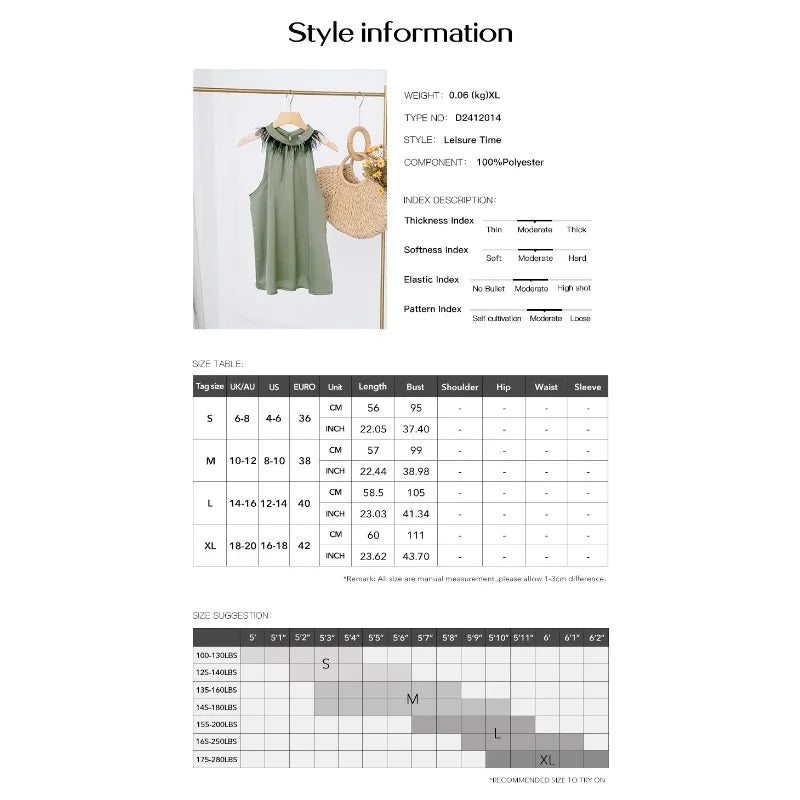 2024 Spring/Summer Women's Casual Stand Neck Feather Elegant Sleeveless Top Temperament Commuting Female Fashion Green Tank Top