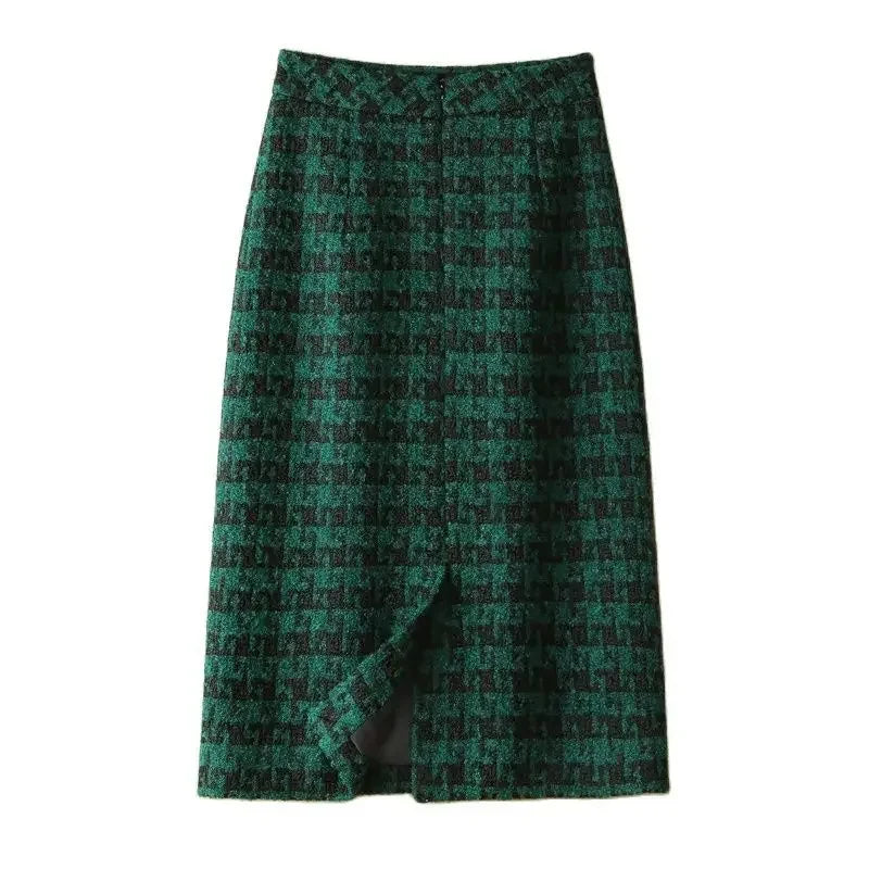 Dark Green Houndstooth Woolen High Waist Straight Women's Skirt Fashion Vintage Knee-Length Skirts For Women 2024 Spring C195