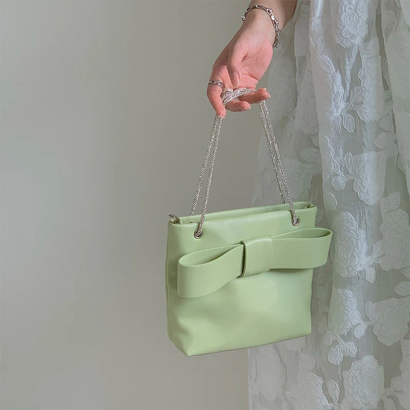 Handbag  Light Green PU Bow Bucket Bag European American Fashion Chain Single Shoulder Crossbody Bag