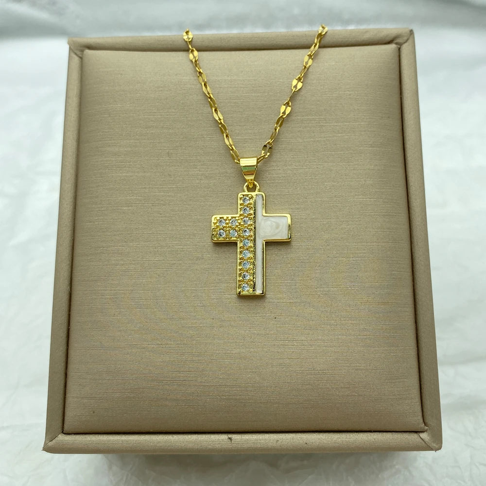 Cross Necklace White Enameled Pendant Stainless Steel Necklace For Women Fashion Steel Jewerly New In Accessories Simple Style