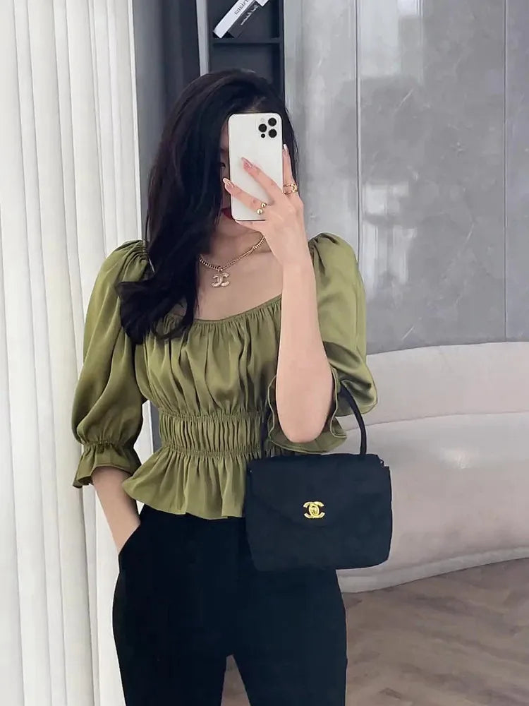 Green Slim Fit Elastic Waist Shirt Women's New Satin Square Neck Bubble Sleeve Mid Sleeve Versatile Short Top Ropa De Mujer