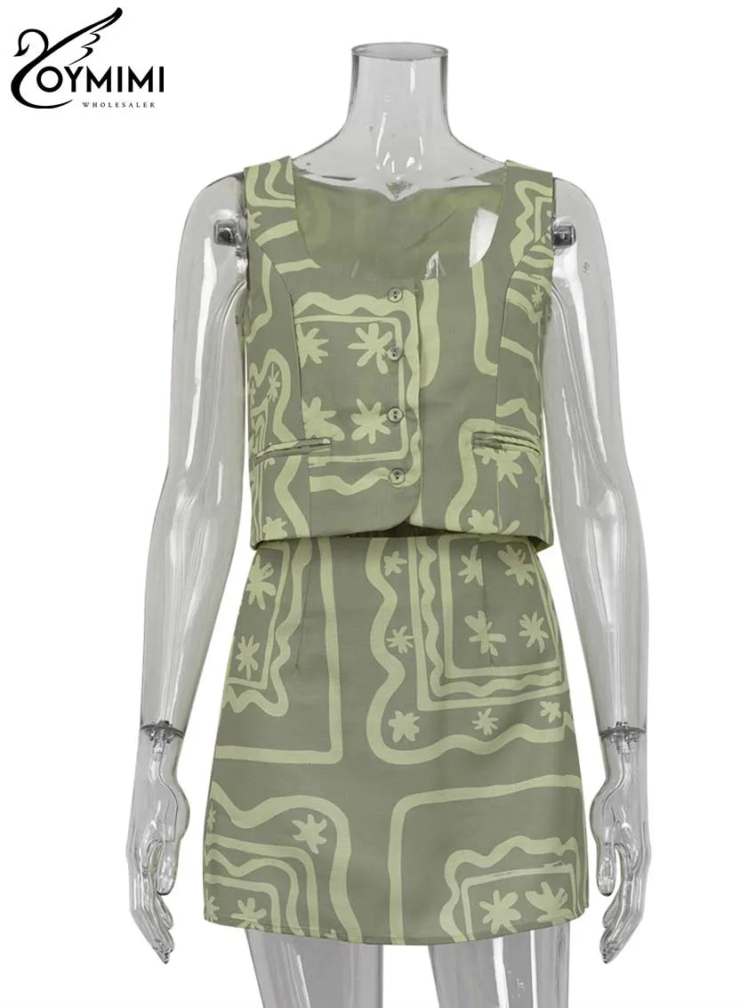 Oymimi Elegant Green Print Two Pice Set Of Women Fashion O-Neck Button Sleeveless Tank Tops And Straight Mini Skirts Female Sets