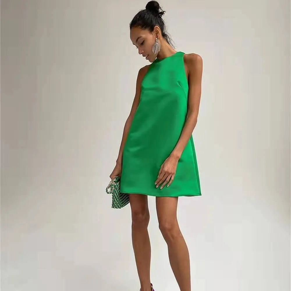 Satin Sleeveless Mini Dresses Women Summer O Neck Fashion Slim Casual A-Line Dress Green Party Club Female Vestidos Robes