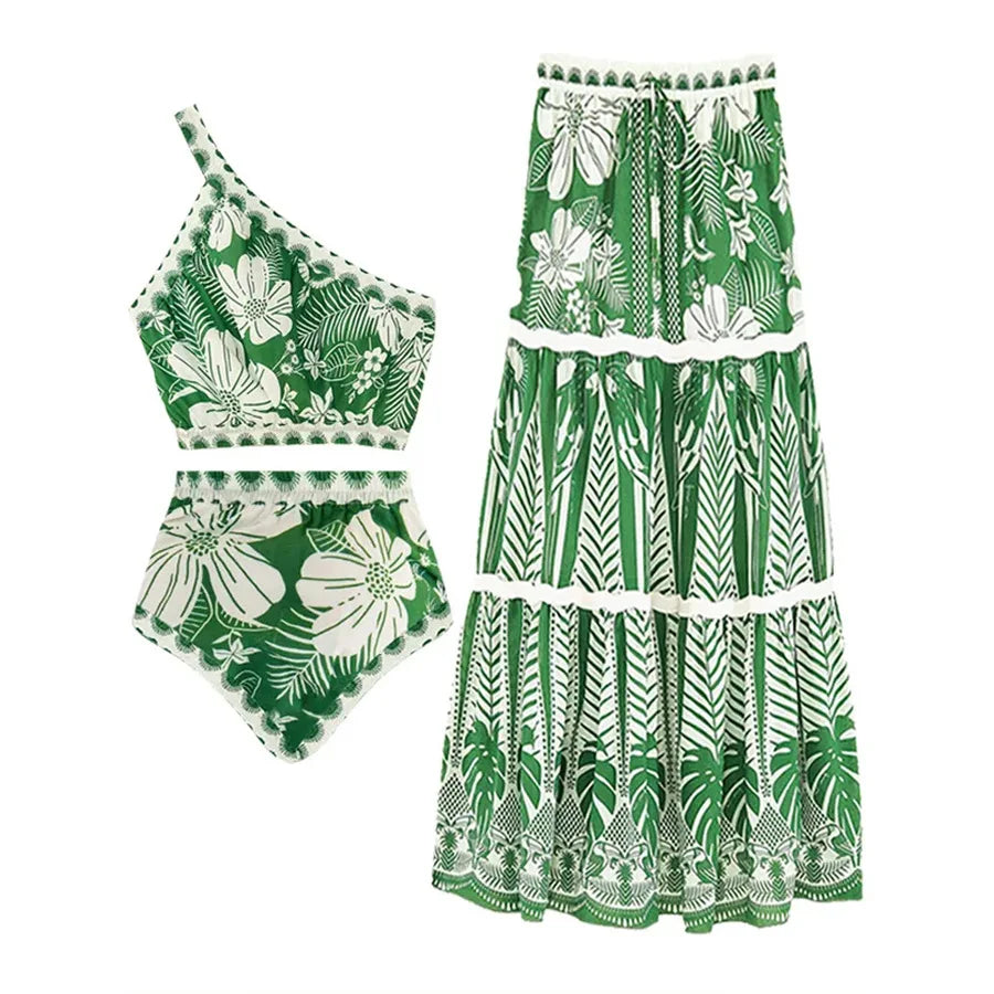 Green Printed Sexy One Sholuder Swimsuit and Skirt High Waist Bikini Chiffon Elastic Elastic Beach Skirt Trendy Elegant 2023