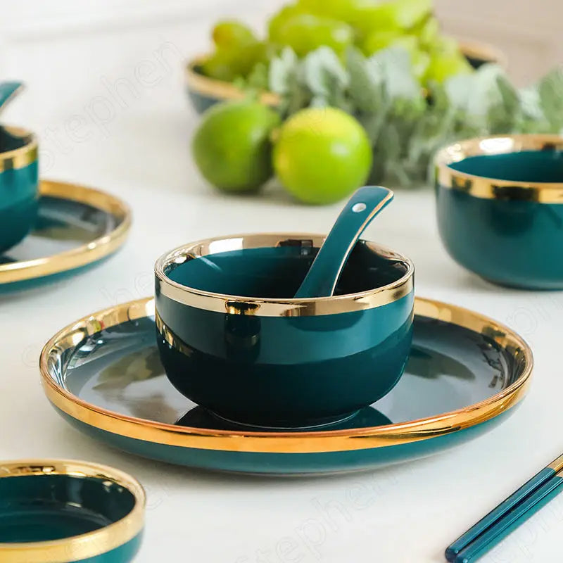 Gold Stroke Green Dinner Set Plates and Dishes Nordic Modern Simplicity Color Glaze Plates and Bowls Restaurant Hotel Tableware