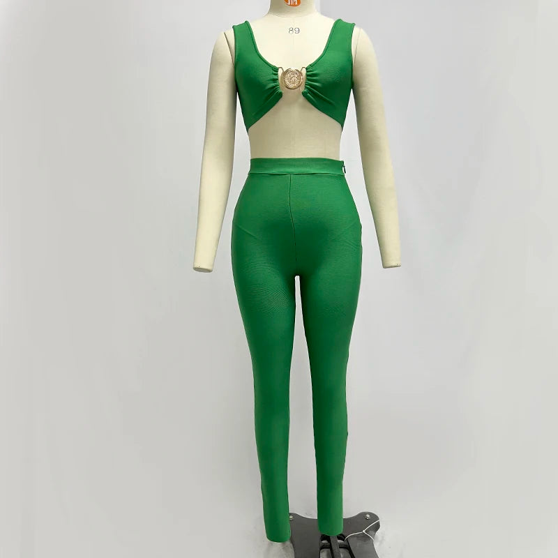 Factory Wholesale women's Wear Green V-Neck Bandage Top&trousers Elastic Skinny Sexy Two Piece Set Celebrity Party Sets