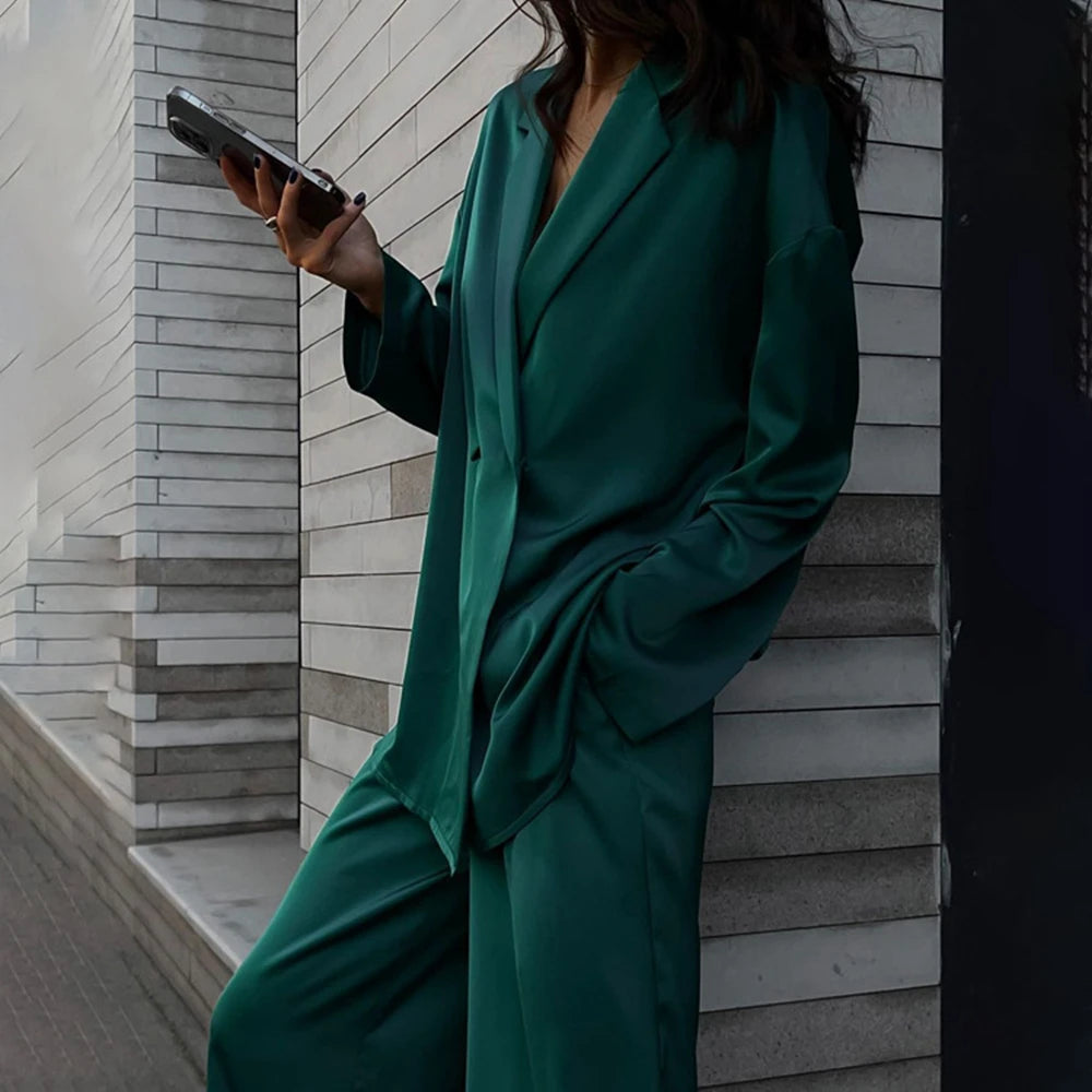 Fashion Long Sleeve Blazer Two Piece Sets Women Outifits Casual Loose Office Pants Set Elegant Green Satin Trouser Suits