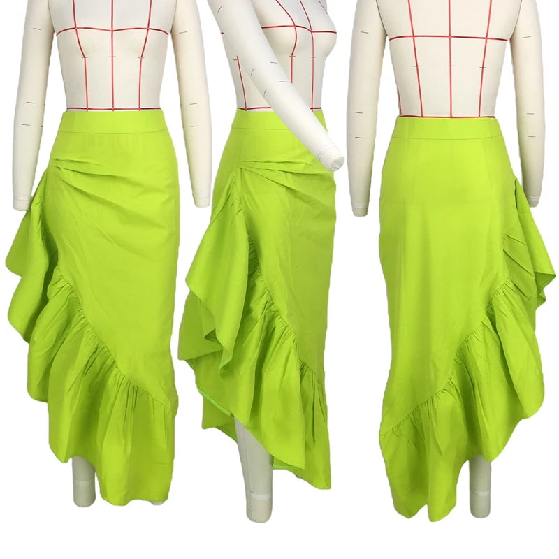 Irregular Ruffle Skirt Women 2022 Elegant Long Skirt Autumn Luxury Designer y2k Streetwear Green High Waist Pleated Maxi Skirt