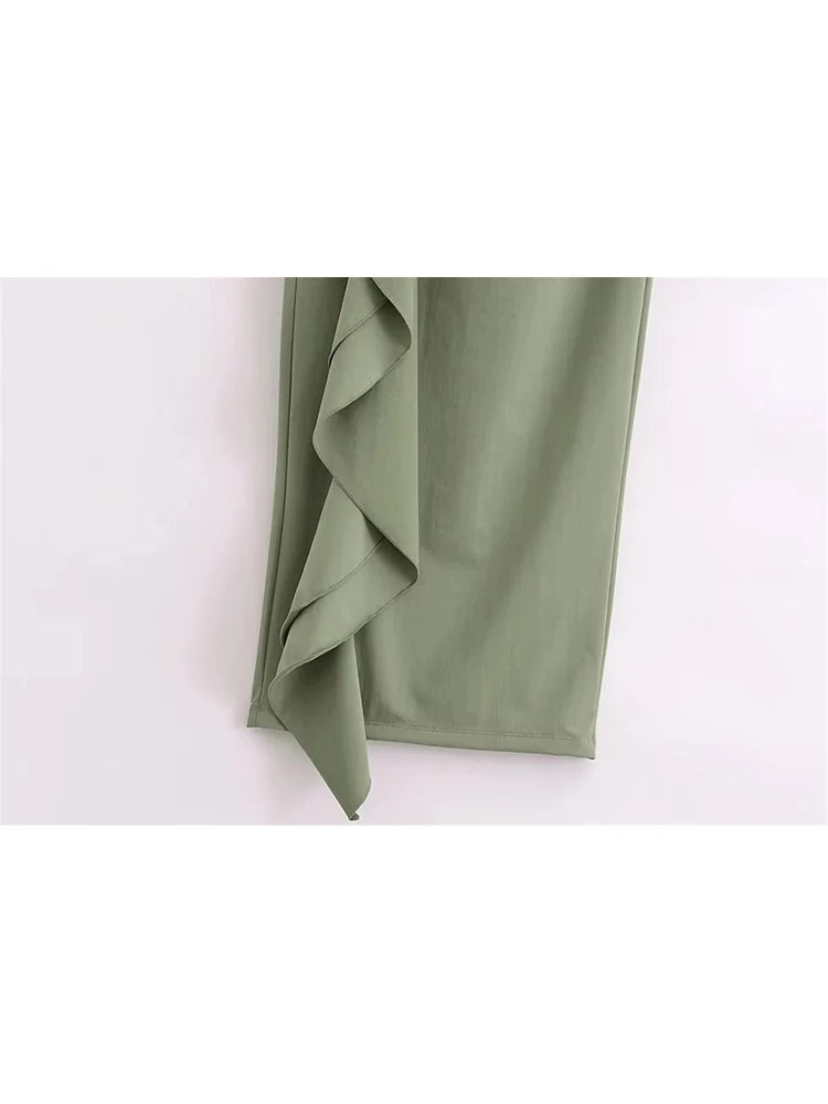 Fashion Cascading Ruffles Women's Summer High Waist Green Skirts Chic Lady Summer Elegant Asymmetrical Slim Long Skirt