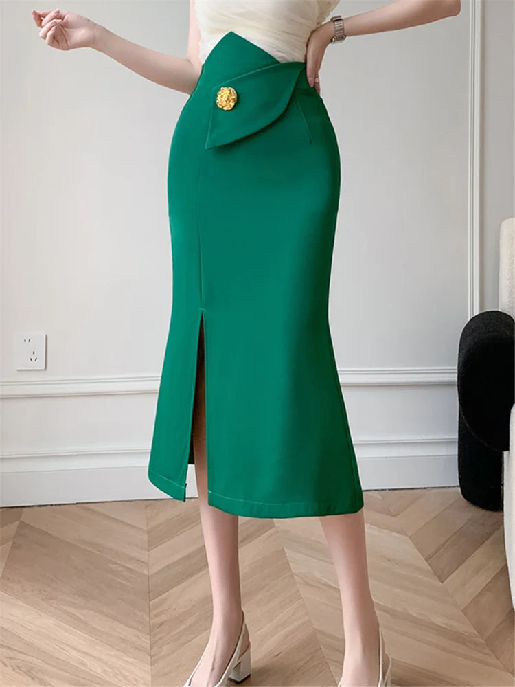 High Waist Korean Green Women's Wrap Midi Skirts 2023 New Summer Button Front Split Elegant Office Lady Sheath Skirts Female