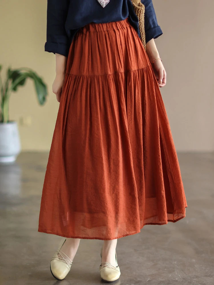 Cotton Linen Women Skirts Harajuku Vintage Fashion Ankle-Length Elastic Waist Green Simple Basic Long Skirt Women Summer