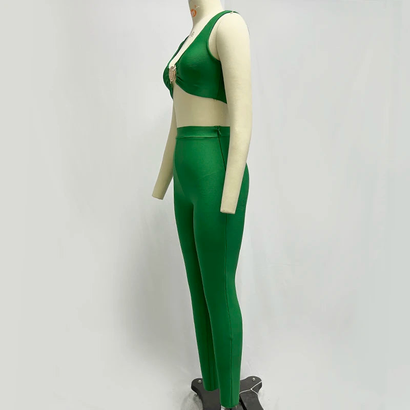 Factory Wholesale women's Wear Green V-Neck Bandage Top&trousers Elastic Skinny Sexy Two Piece Set Celebrity Party Sets