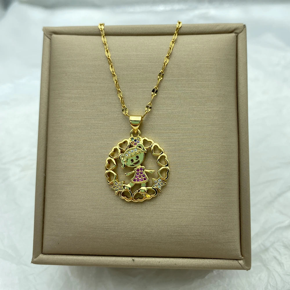 Gold Plated Stainless Steel Necklace For Women Round  Pendant Pretty Cute Girl Fashion Steel Jewerly Necklace New In Accessories