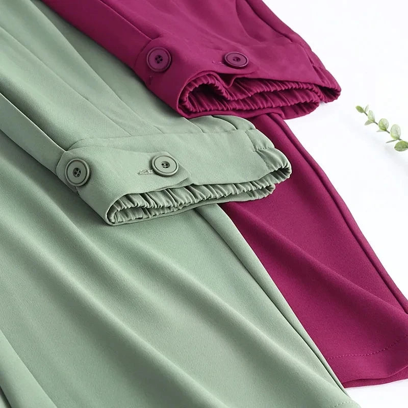 Fashion Green Wide-Leg Pants Women's Pants Trousers Summer 2 Buttons Thin Ice Silk Chiffon Straight Casual Suit Pants Female