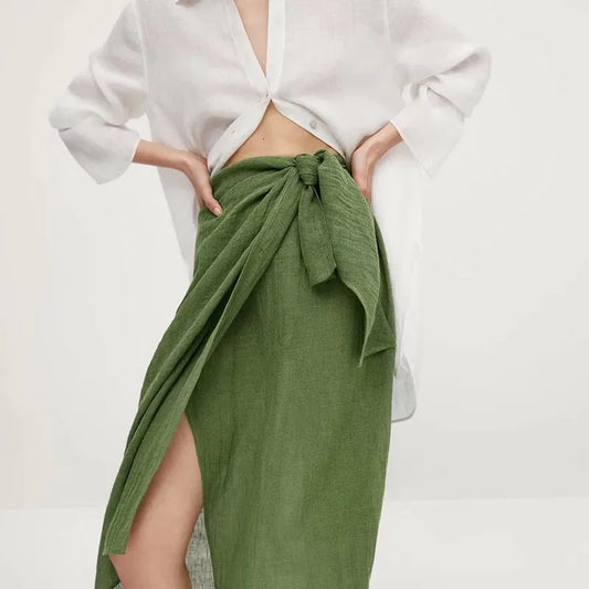 Summer 2023 new cotton and linen split design temperament skirt green knotted split midi skirt