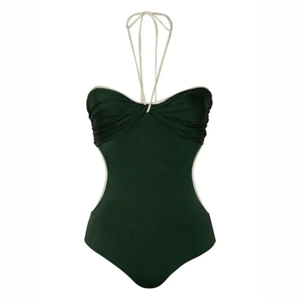 2024 Green Halter Neck One Piece Swimsuit and Cover Up Women's Fashion Solid Color Swimwear Bikini Luxury Bathing Suit Beachwear