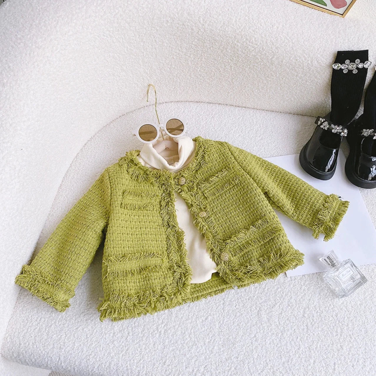 Kids Clothing Jacket Coat Korean 2023 New Autumn Baby Girls Sweet Fashion Tassel Solid Color Single Breasted O-neck Green