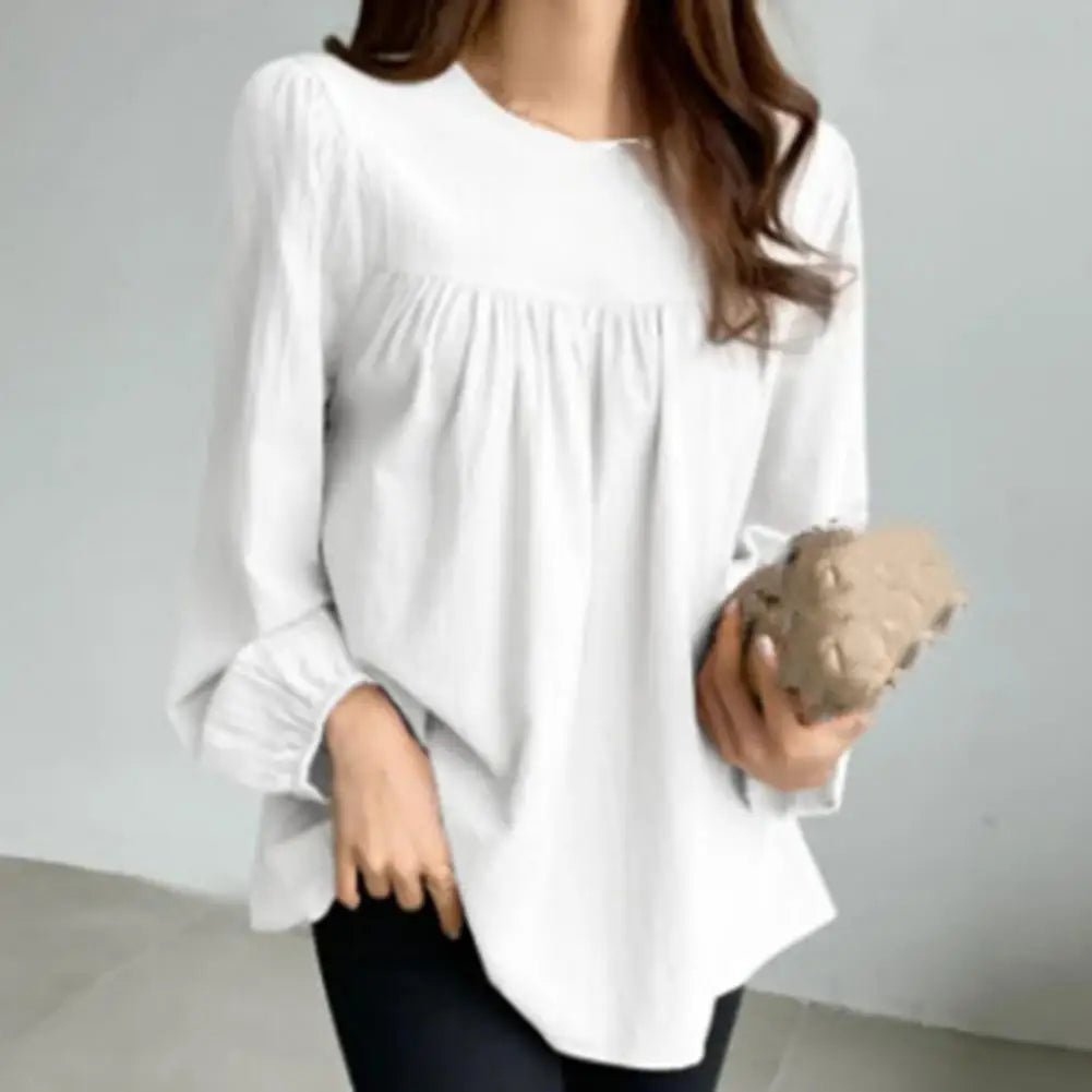 Elegant Women Spring Summer Casual Shirt O-Neck Lantern Long Sleeve Pullover Tops Solid Color Loose Shirt Green