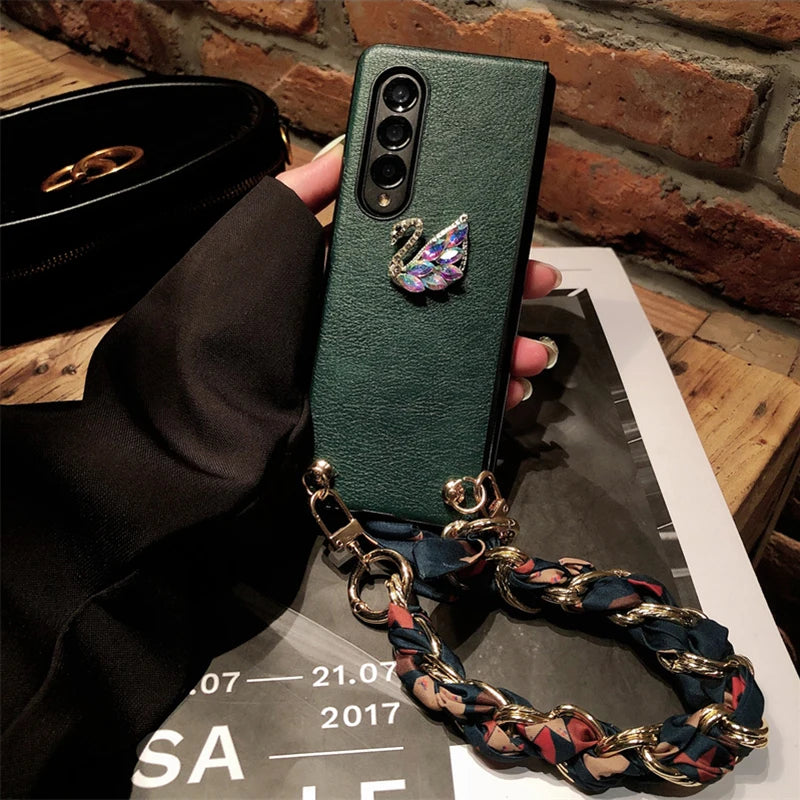 3D Colorful Crystal Swan Phone Case for Samsung Galaxy Z Fold 6 5 4 3 Green PU Leather Cover with Portable Chain, Silk Scarves