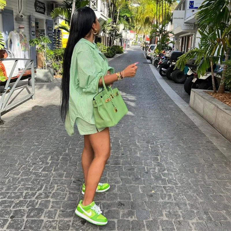 Striped Shirts Two Piece Set Green Long Sleeve Tops Cargo Shorts High Waist Pants Summer Women Elegant Casual Clothes Outfits