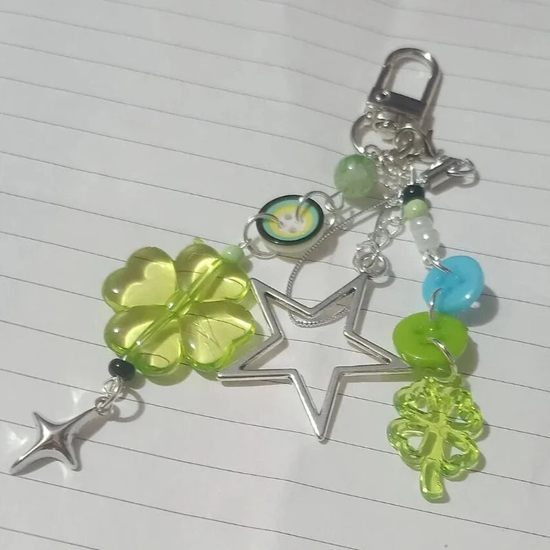 Anime Green Four Leaf Clover Cosplay Keychain Keyring Phone Chain Key Chain Star Colorful Button Pendant Jewelry Accessory