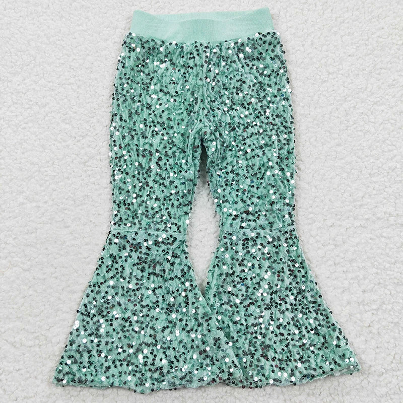 Wholesale Kid Glitter Clothing Baby Girl Toddler Sequins Green Color Soft Comfortable Children Lining Bell Bottoms Pants