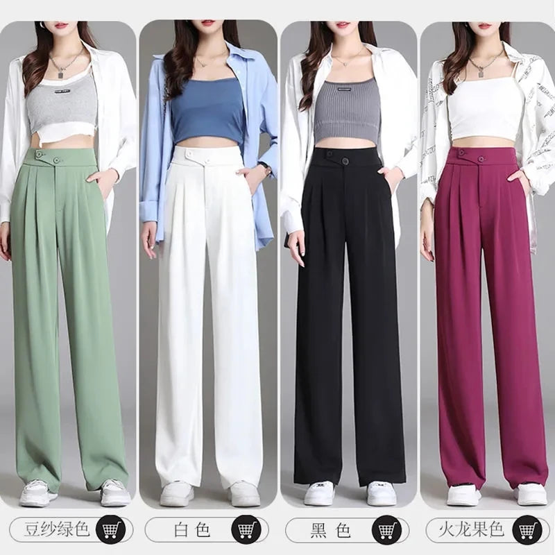 Fashion Green Wide-Leg Pants Women's Pants Trousers Summer 2 Buttons Thin Ice Silk Chiffon Straight Casual Suit Pants Female