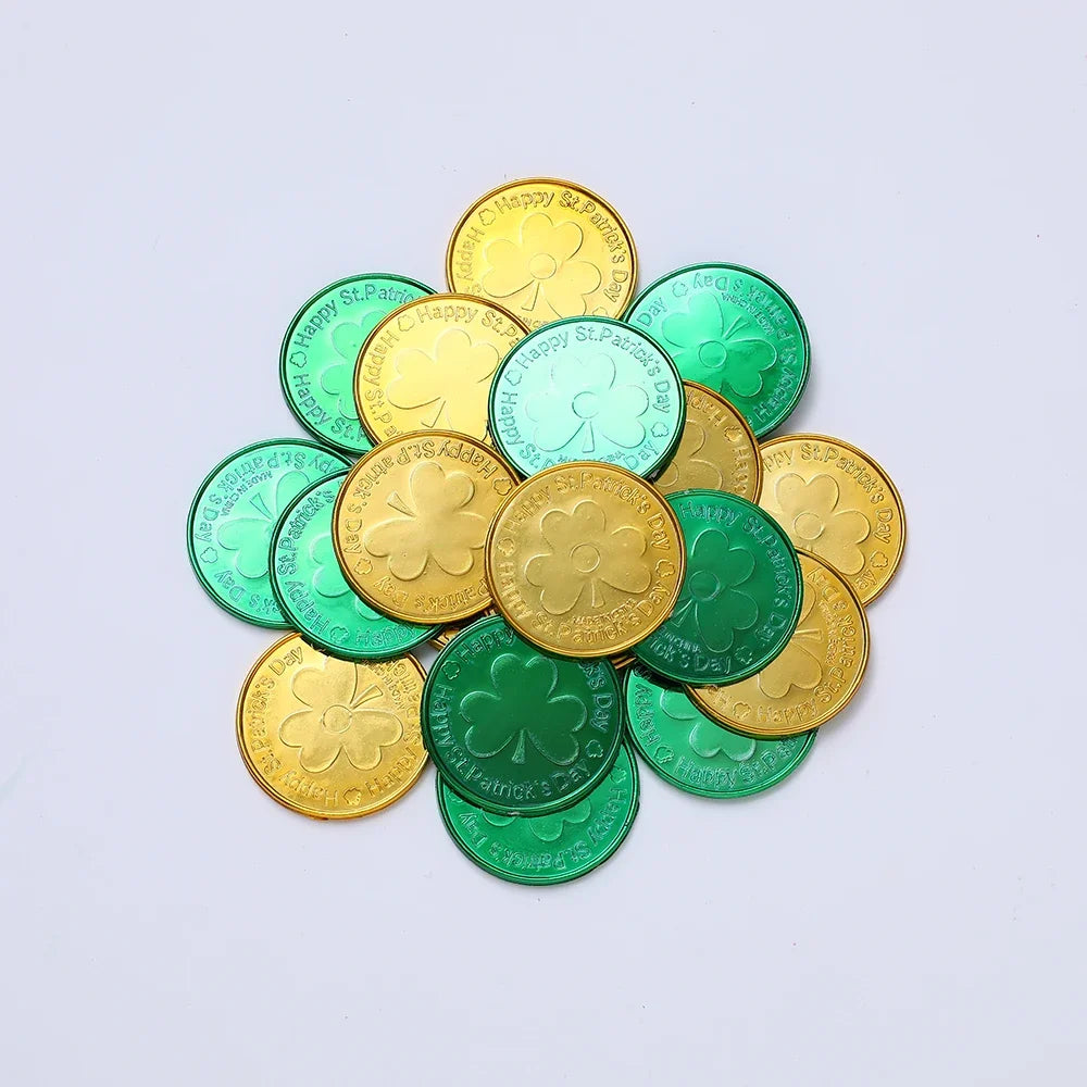 40/60pcs St. Patrick's Day Lucky Coin Plastic Shamrock Gold Green Coin Toys Treasure Irish Holiday Party Decoration Kids Gifts