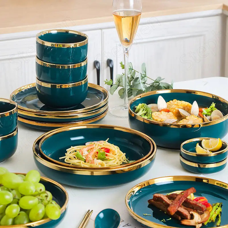 Gold Stroke Green Dinner Set Plates and Dishes Nordic Modern Simplicity Color Glaze Plates and Bowls Restaurant Hotel Tableware