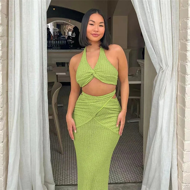 Summer Women's Suit Sexy Neckline Crop Top And Slim-Fit Maxi Dress Set Green Lady Fashion Casual Two-Piece Set