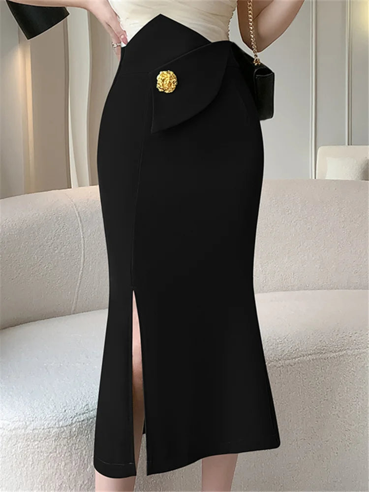 High Waist Korean Green Women's Wrap Midi Skirts 2023 New Summer Button Front Split Elegant Office Lady Sheath Skirts Female