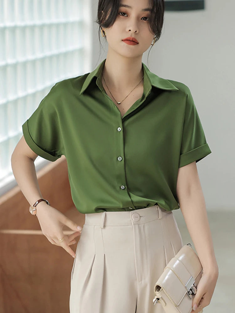 2024 Summer Satin Silky Green Shirts Women Short Sleeve Blouse Shirts Elegant Tops Blusas Femme Office Lady Blouses for Women