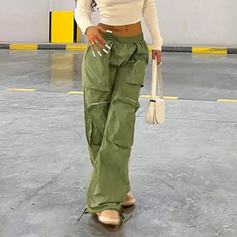 Original Retro Wide Leg Pants Y2k Hot Girl Pocket Elastic Waist Drawstring Zipper Leggings Loose Cargo Pants - Green, Brown  - L