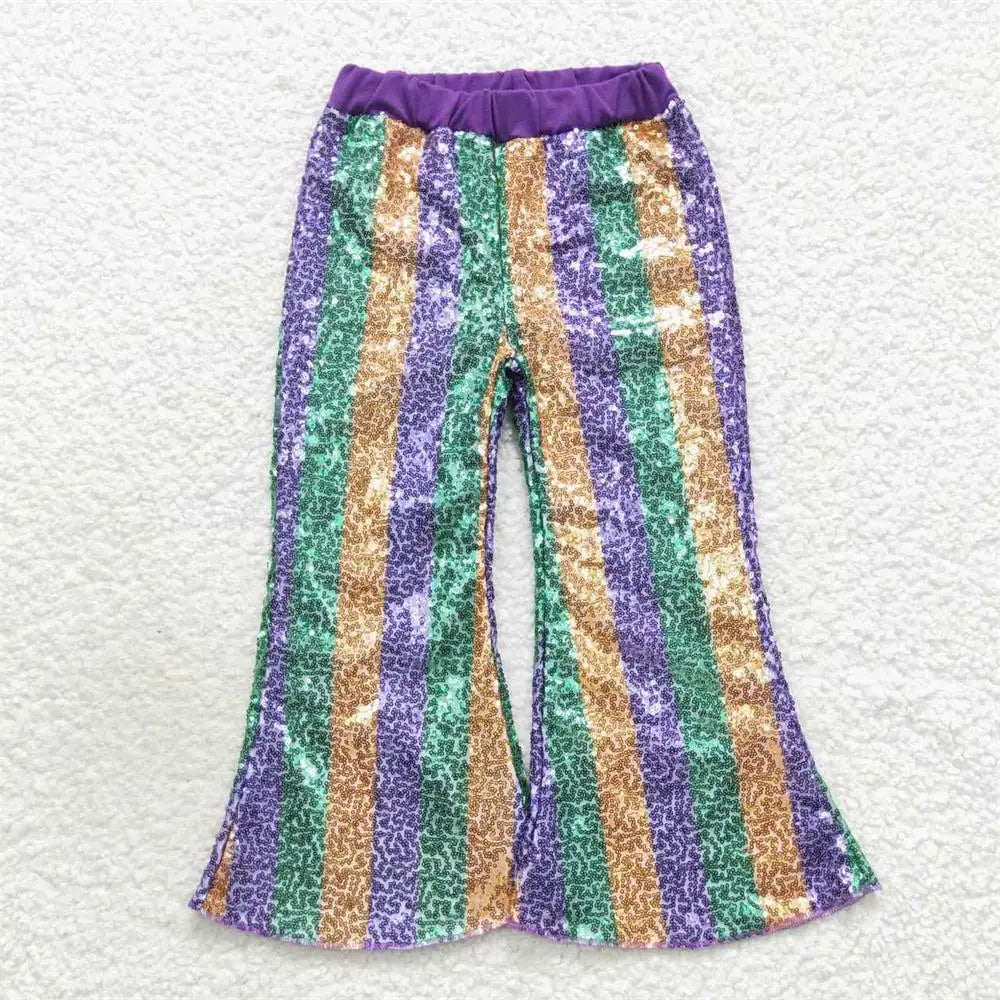 Wholesale Kid Glitter Clothing Baby Girl Toddler Sequins Green Color Soft Comfortable Children Lining Bell Bottoms Pants