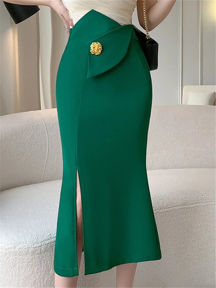 High Waist Korean Green Women's Wrap Midi Skirts 2023 New Summer Button Front Split Elegant Office Lady Sheath Skirts Female