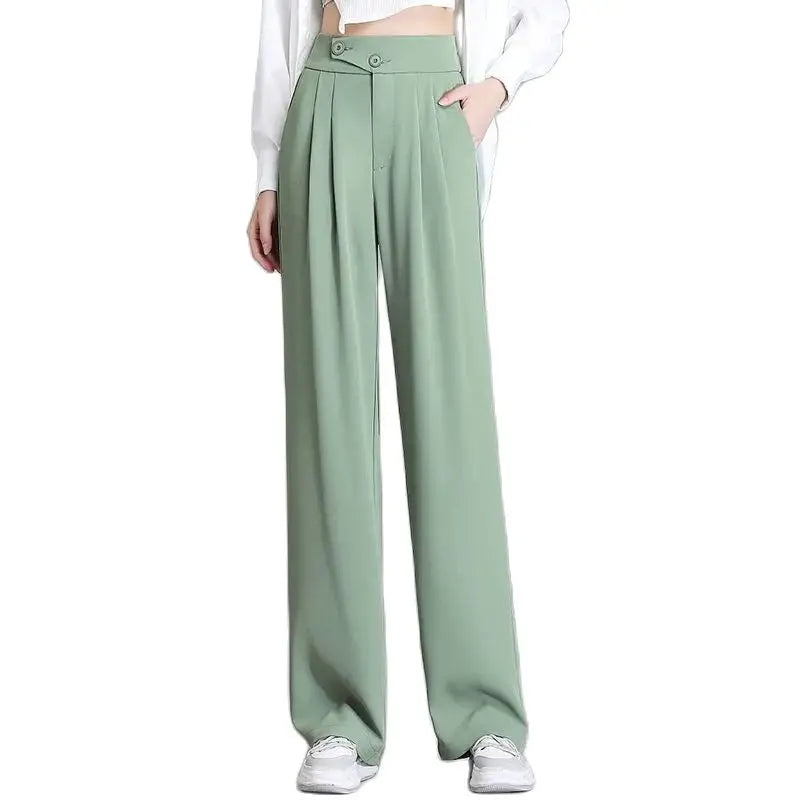 Fashion Green Wide-Leg Pants Women's Pants Trousers Summer 2 Buttons Thin Ice Silk Chiffon Straight Casual Suit Pants Female