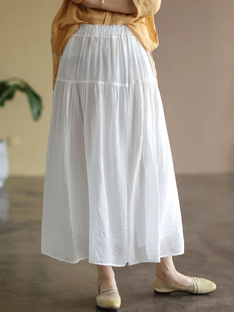 Cotton Linen Women Skirts Harajuku Vintage Fashion Ankle-Length Elastic Waist Green Simple Basic Long Skirt Women Summer