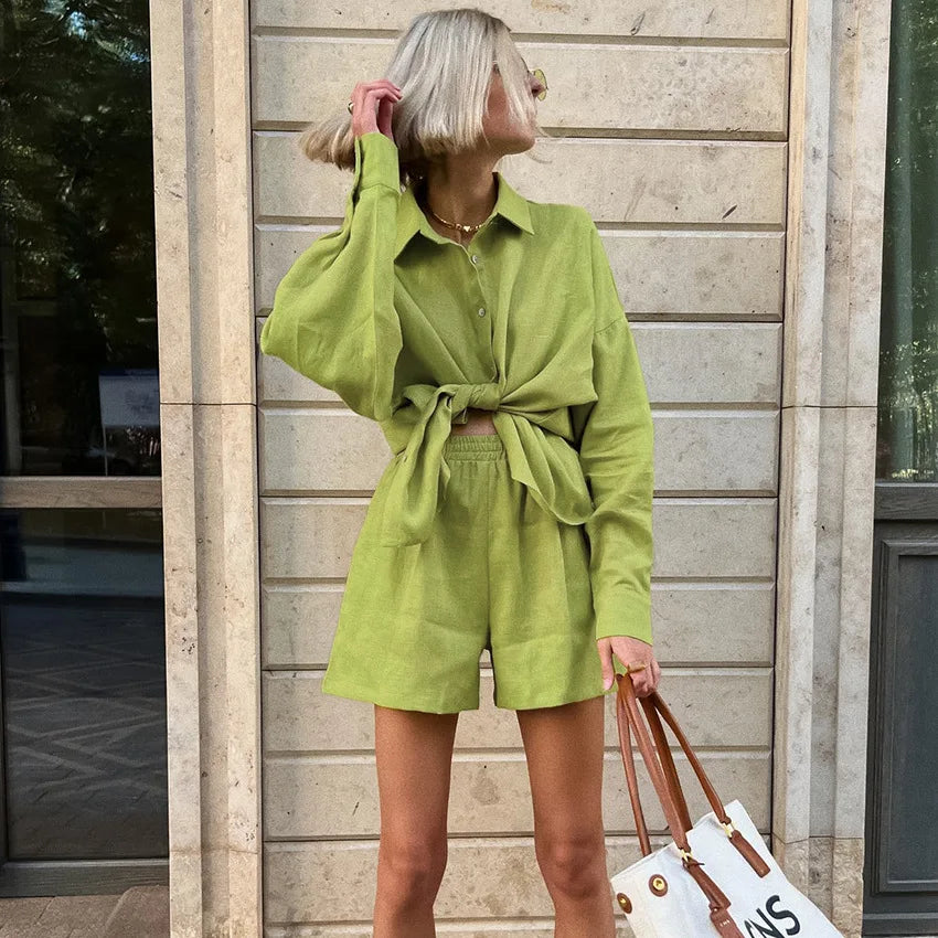 Womens Dress Sets New Summer Green Fashion Shorts Long Sleeve Set for Women