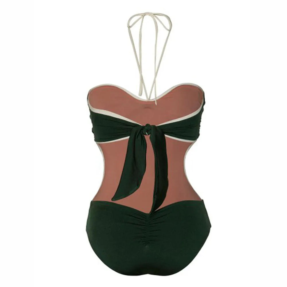 2024 Green Halter Neck One Piece Swimsuit and Cover Up Women's Fashion Solid Color Swimwear Bikini Luxury Bathing Suit Beachwear