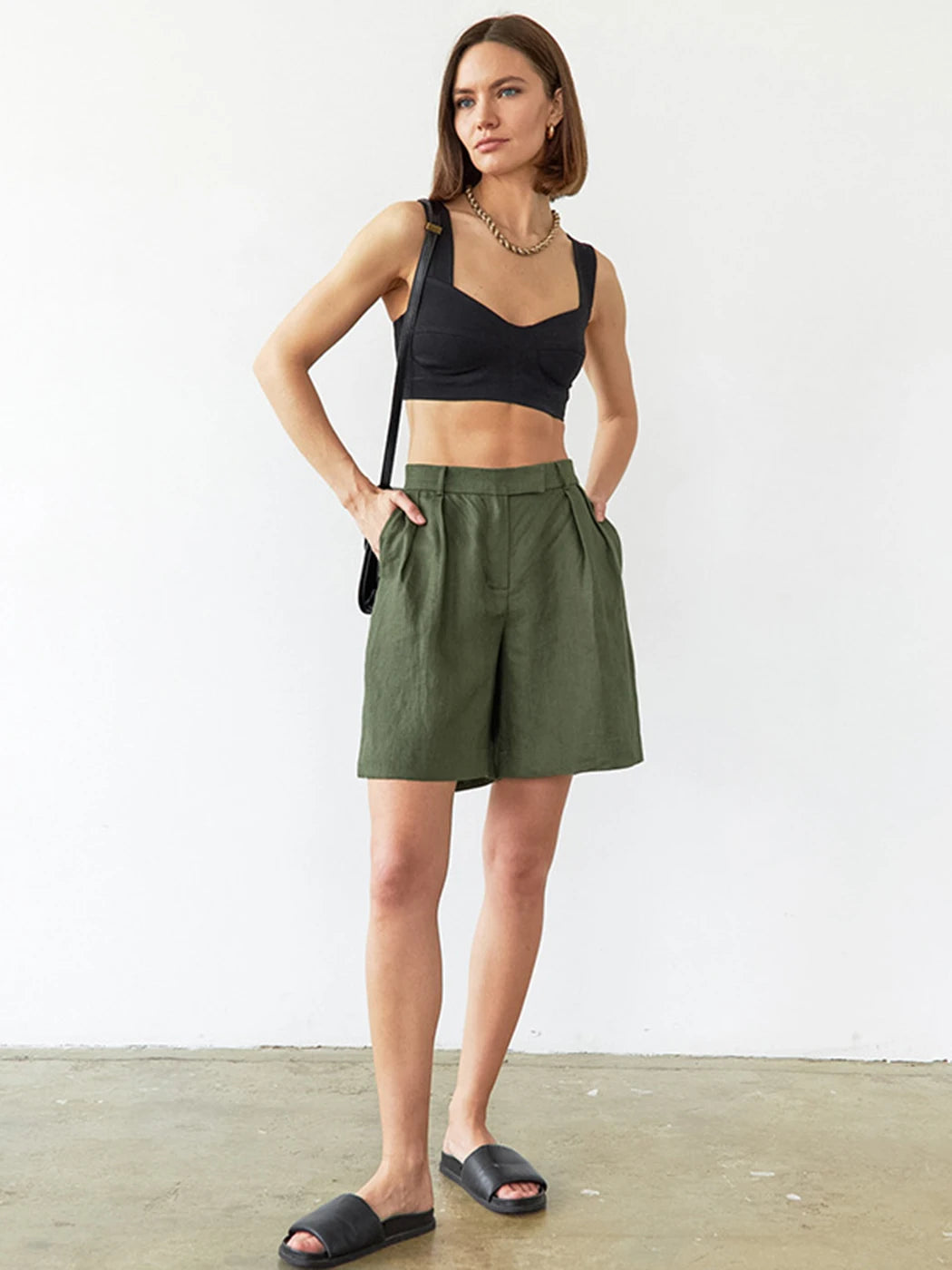 Jyate Street Style Green Shorts Suits Cotton Linen Two Pieces Vest Top Shorts Casual 2 Pcs Sets 2023 Office Ladies Shorts Outfit