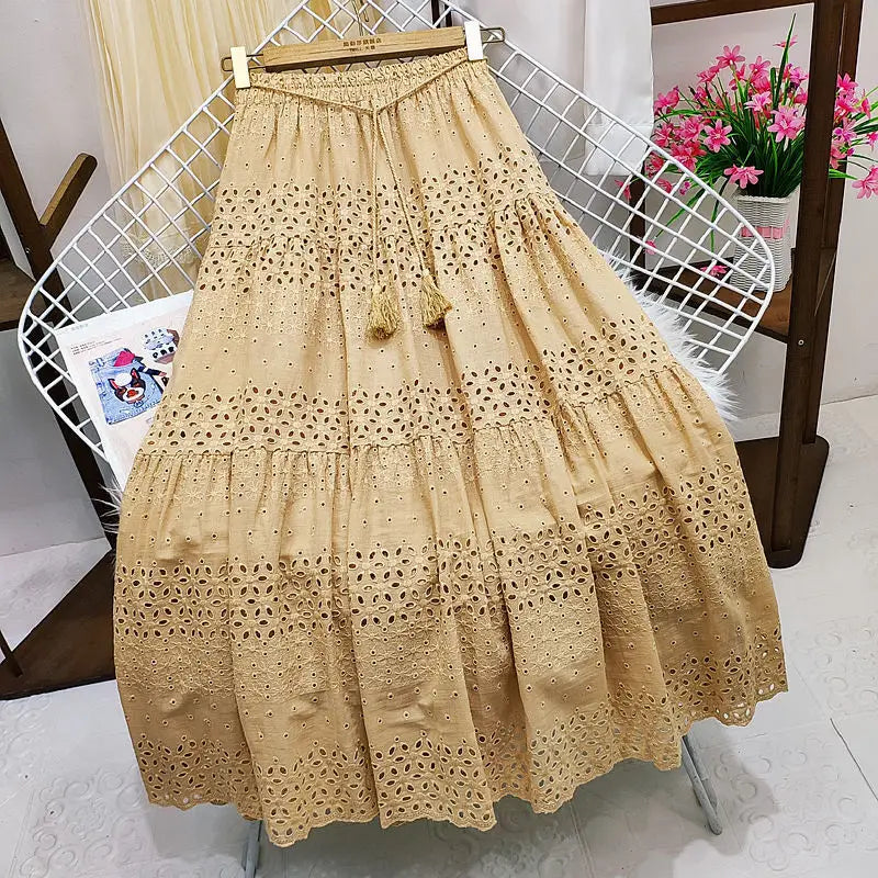 Long Skirts For Women Korean Style Women's Clothing Green White Black Midi Skirts 2024 New Summer Skirt A Line Lace Loose Skirts