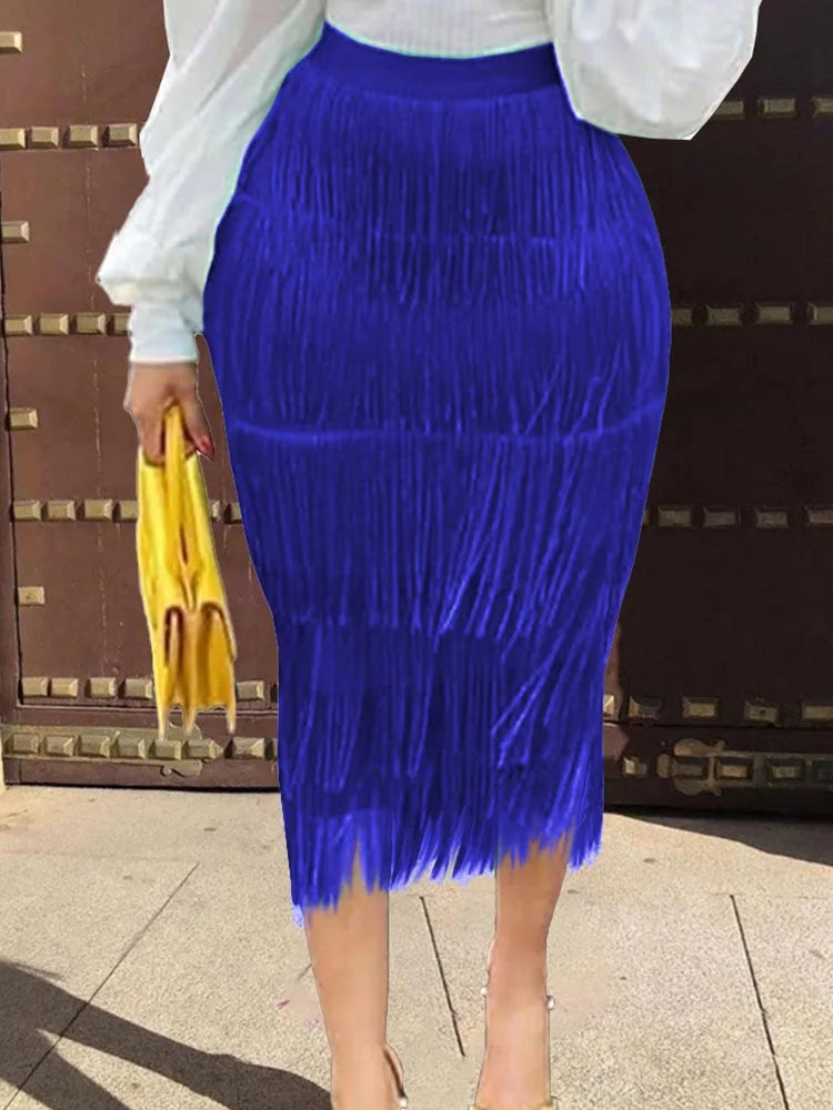 Green Fringe Bodycon Pencil Skirts Tassel High Waist Women Stretch Sheath Midi Length Ladies Slim Jupe Saias faldas