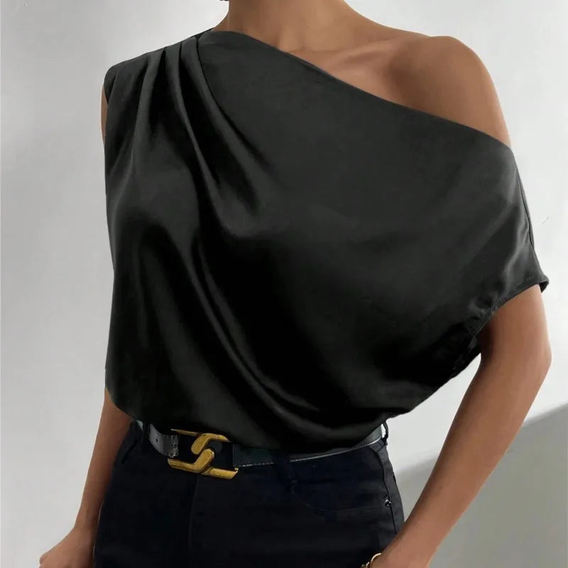 Elegant Off Shoulder Green Shirt 2024 Women's Summer New Fashion Versatile Oblique Collar Pinched Pleated Asymmetric Tank Top