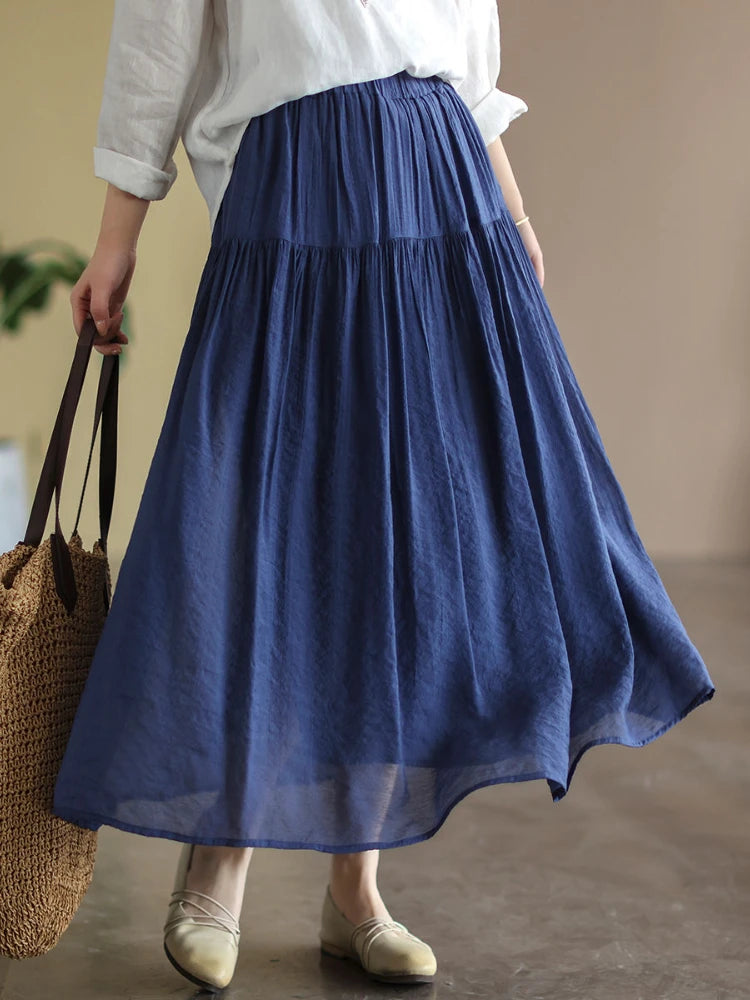 Cotton Linen Women Skirts Harajuku Vintage Fashion Ankle-Length Elastic Waist Green Simple Basic Long Skirt Women Summer